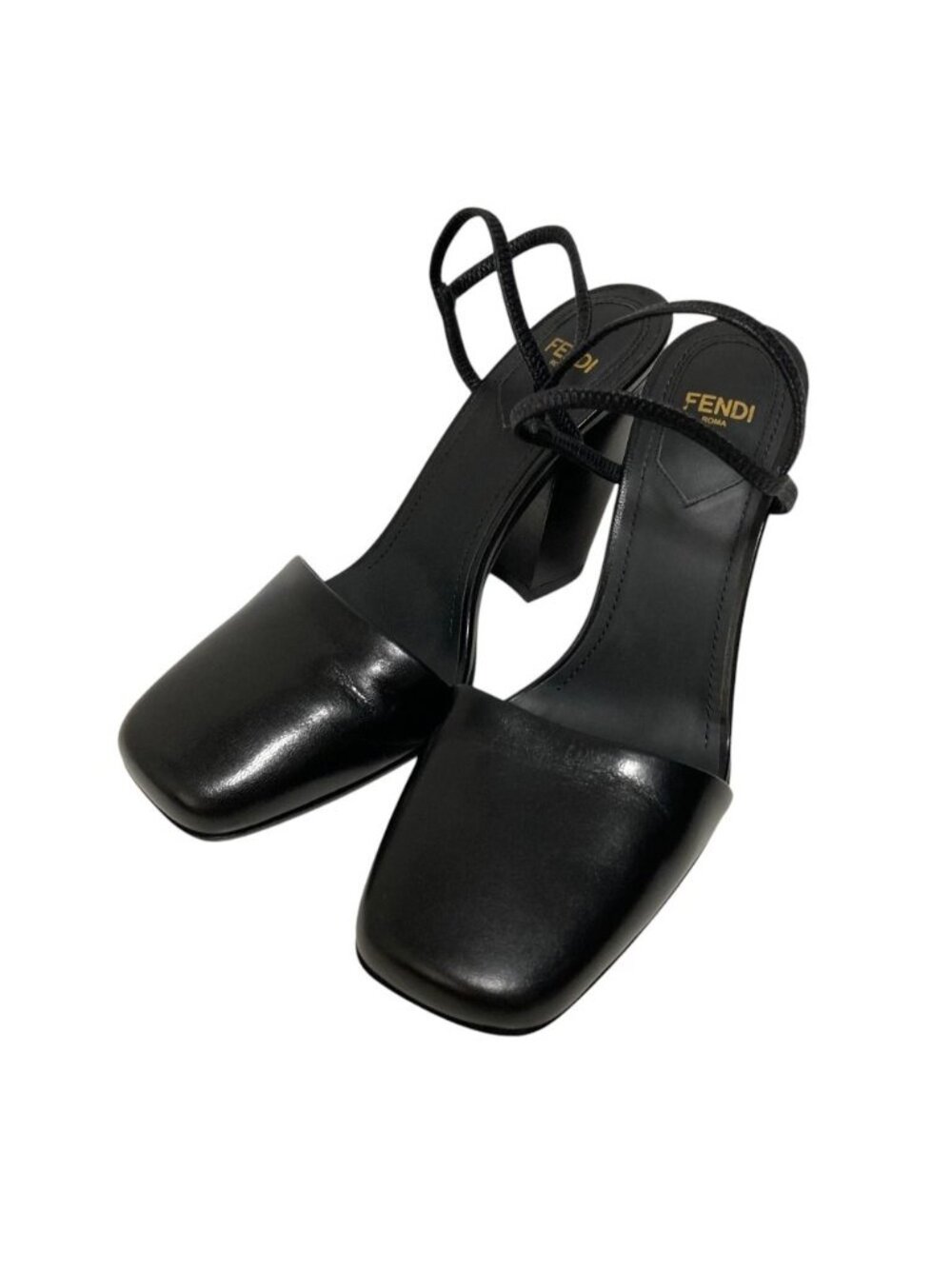 Fendi Ankle Strap Leather Square Toe Sandals Black 36